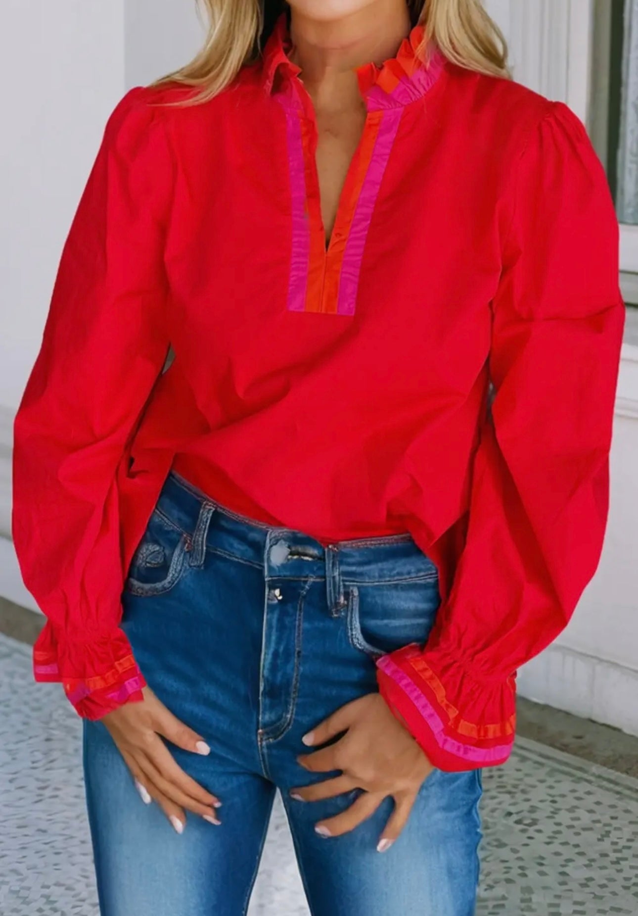 Long Sleeve Ruffle Split Neck Blouse