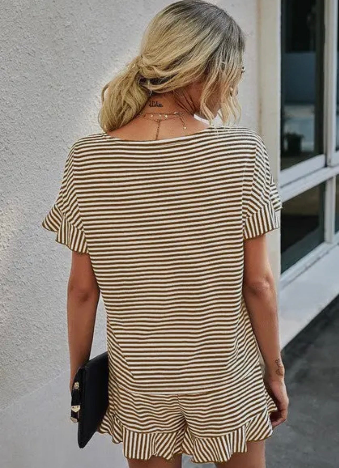 White + Khaki Striped Short Set
