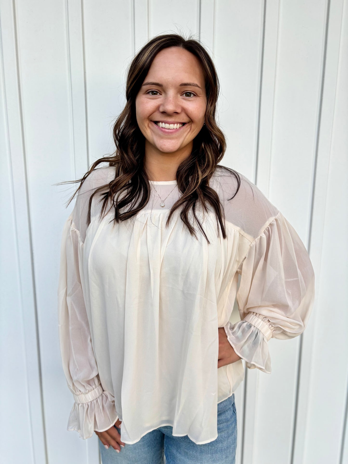 Pleated Ruffle Long Sleeve Chiffon Blouse