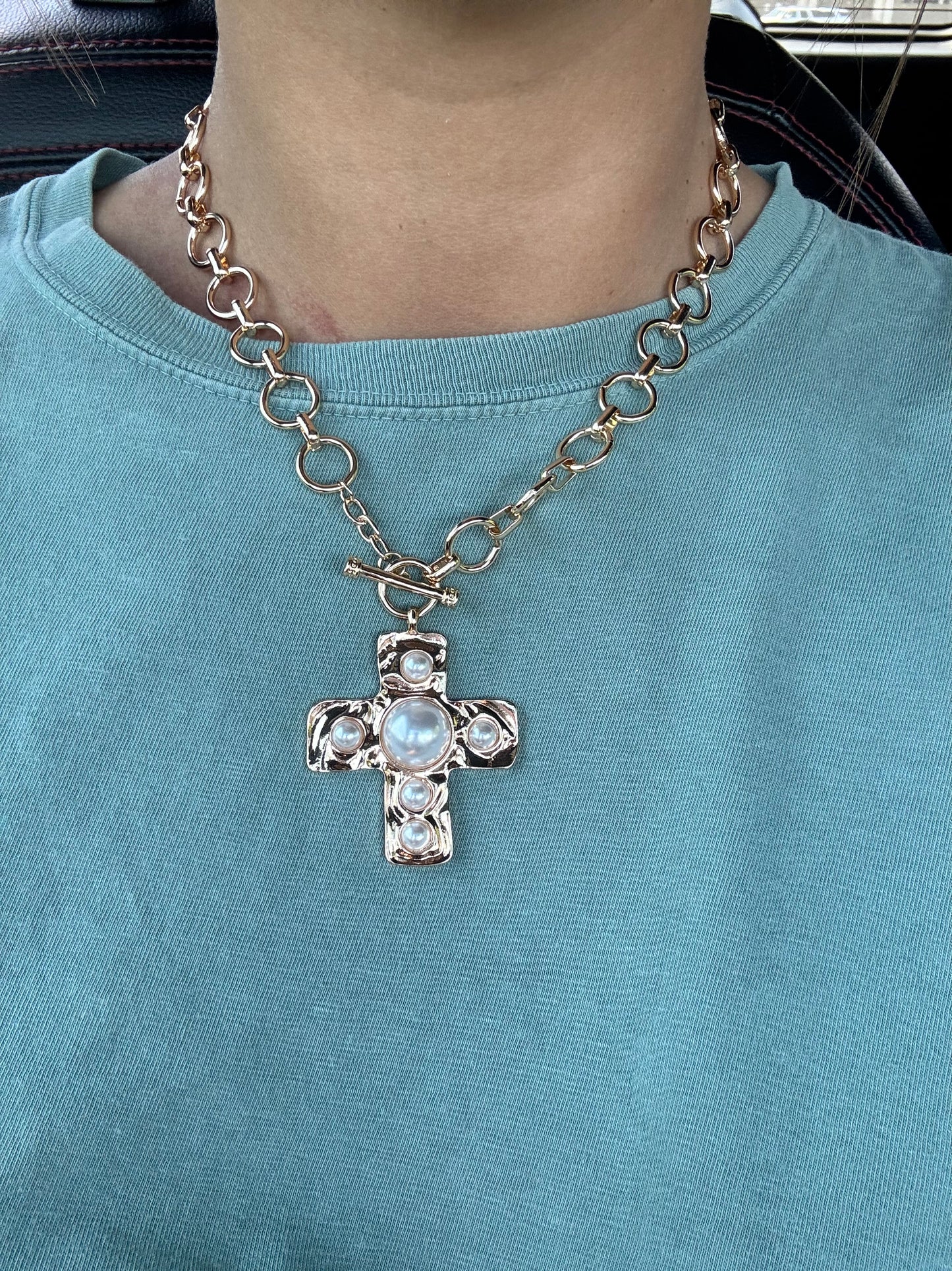 Gold Cross Necklace with Pearls