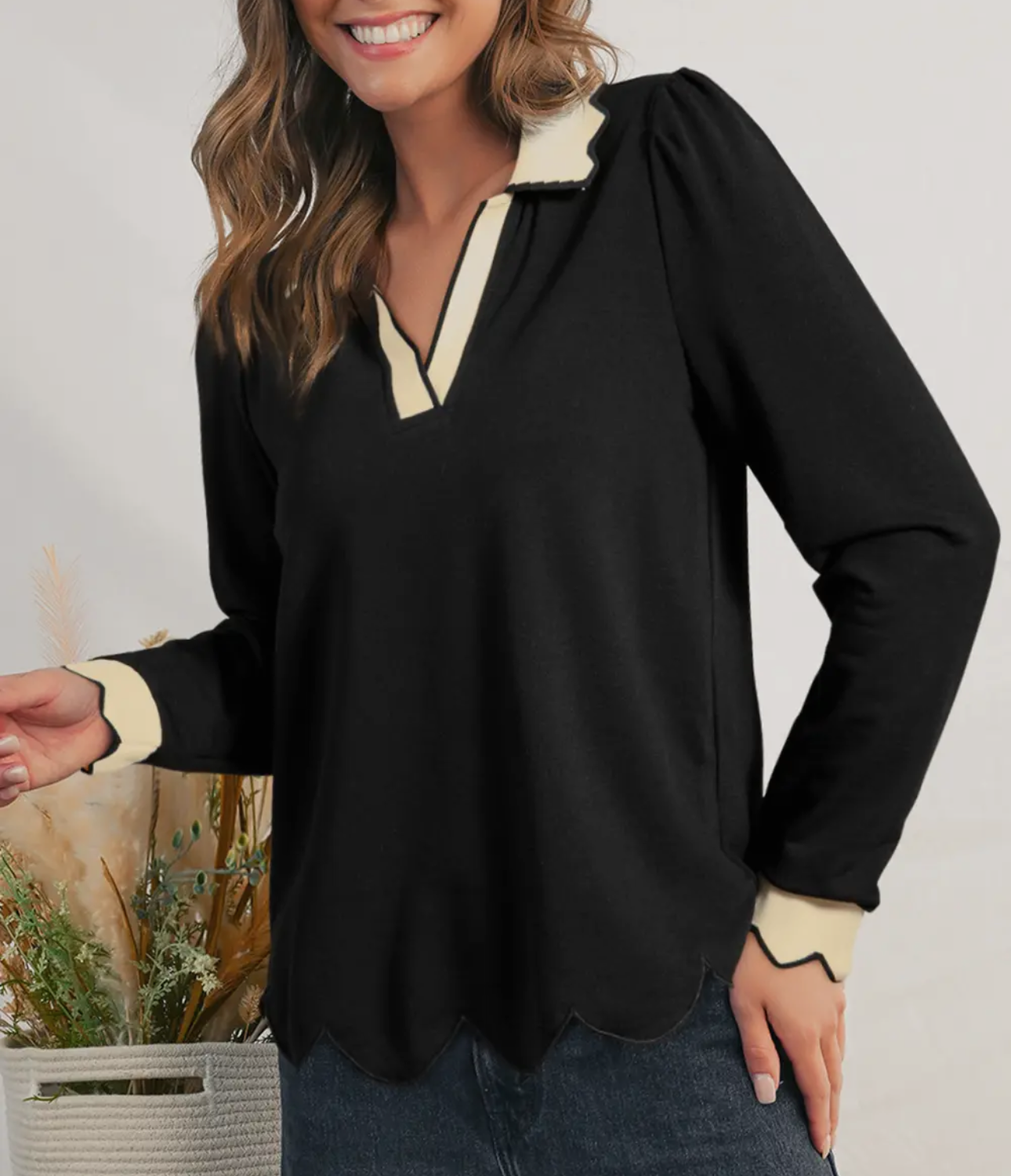 Scallop Trim Collared Long Sleeve Blouse