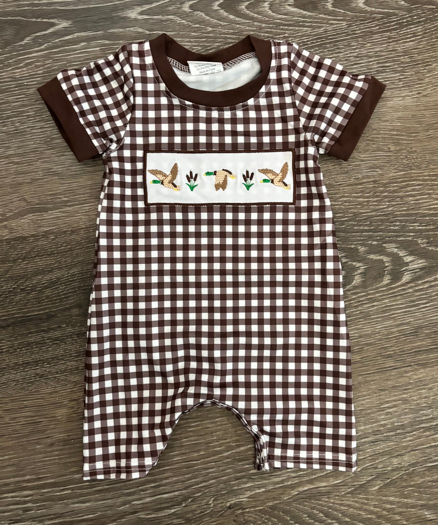 Brown Plaid Romper with Ducks