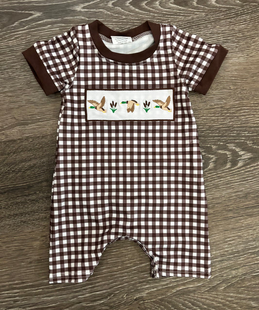 Brown Plaid Romper with Ducks