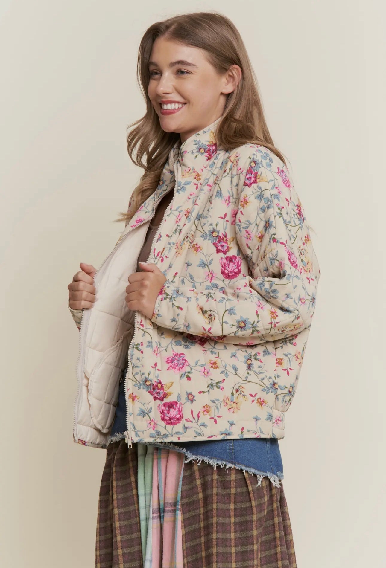 Floral Print Quilted Zip Up Jacket