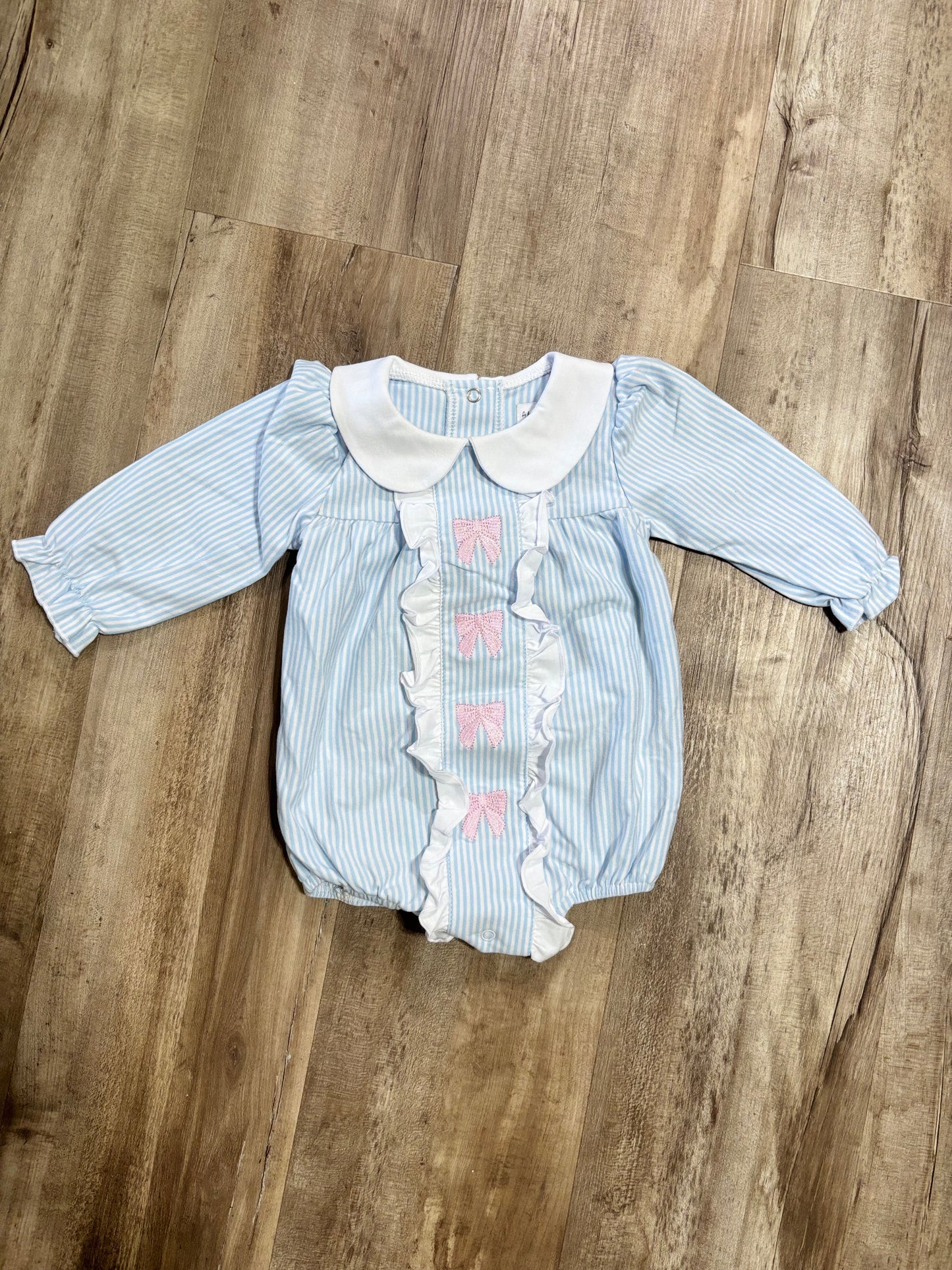 Blue Stripe Bubble with Pink Bow Embroidery