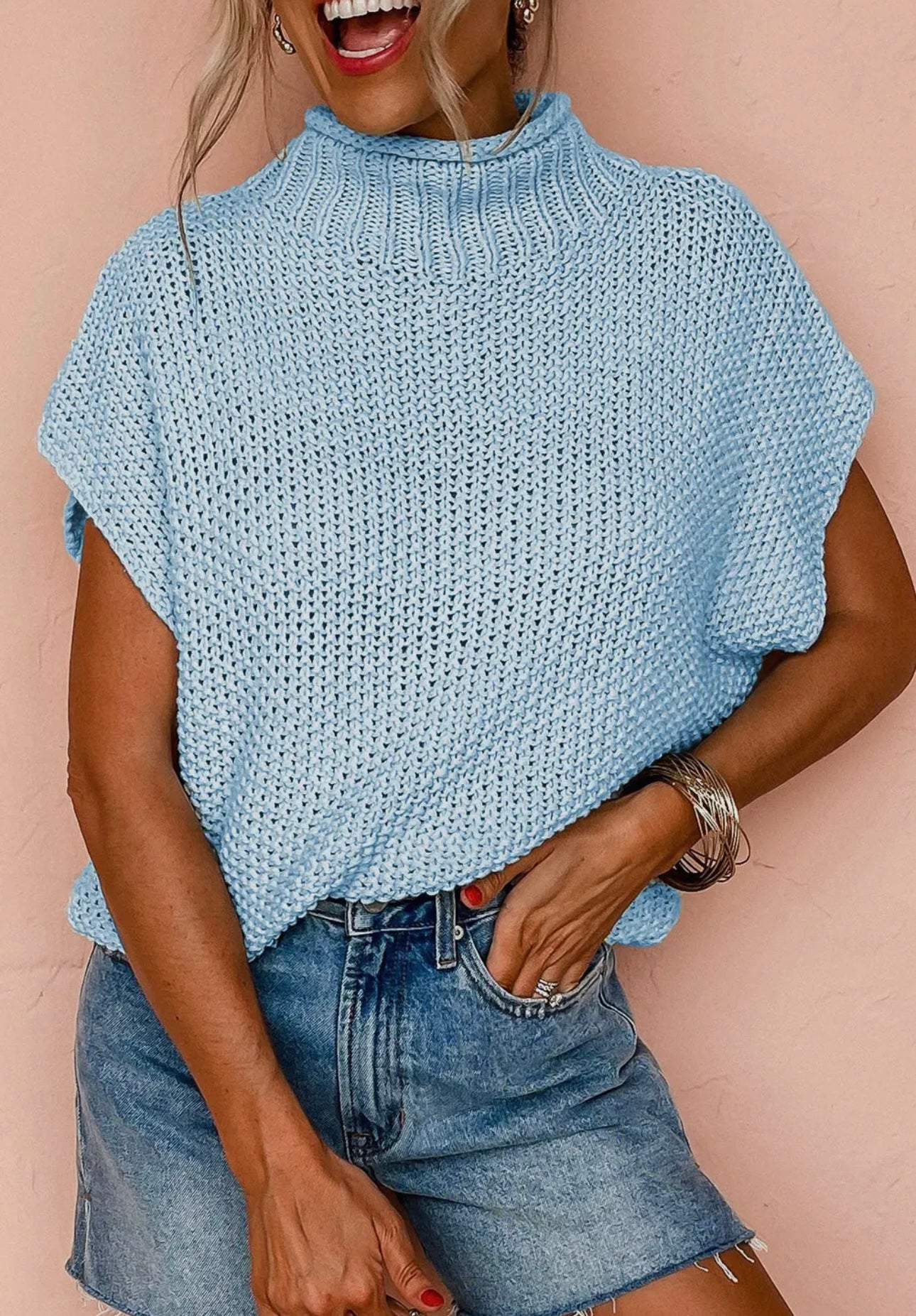 Blue High Neck Short Sleeve Sweater