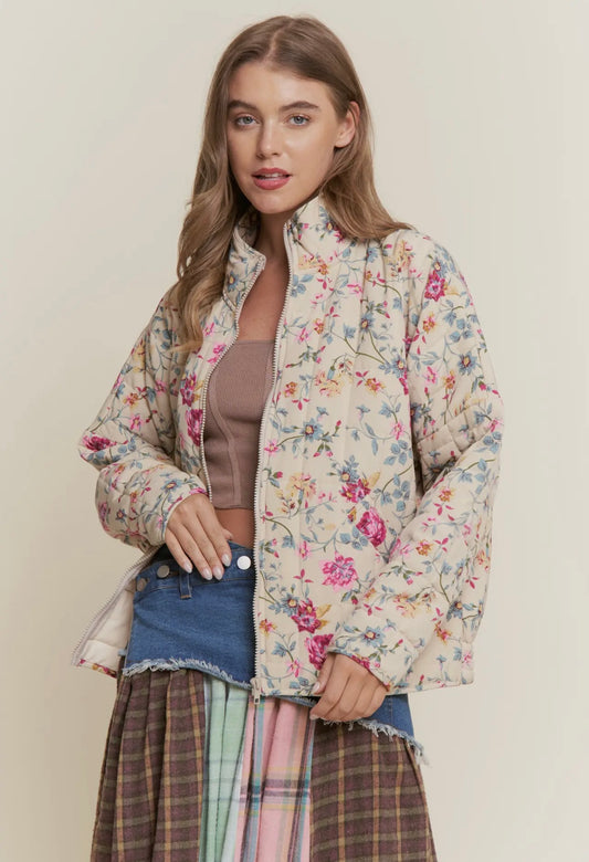 Floral Print Quilted Zip Up Jacket