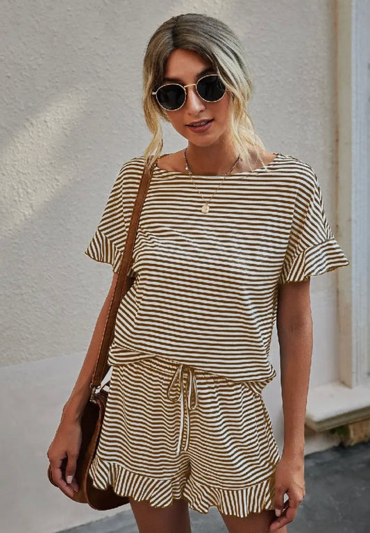 White + Khaki Striped Short Set