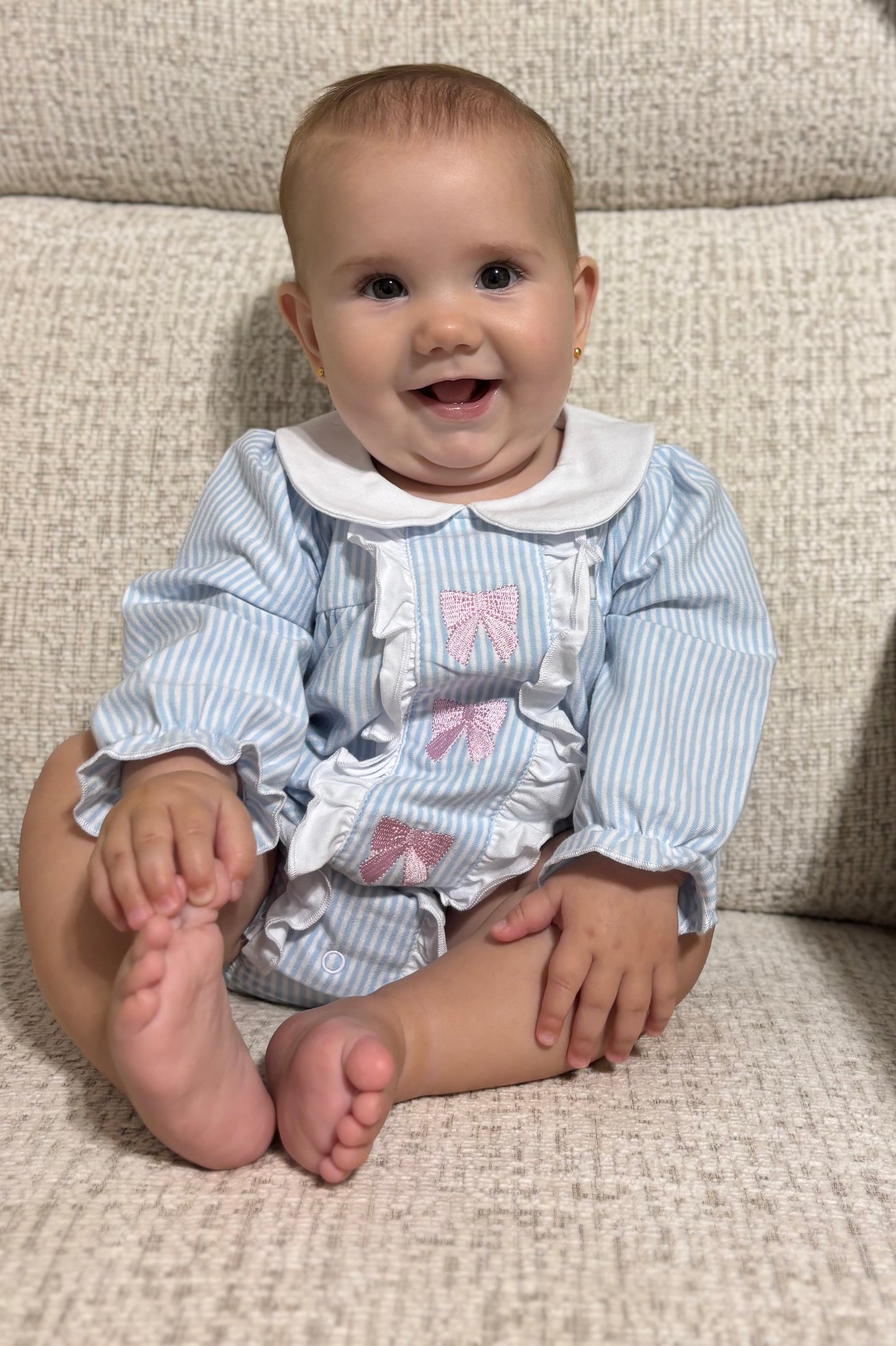 Blue Stripe Bubble with Pink Bow Embroidery