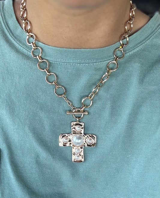 Gold Cross Necklace with Pearls