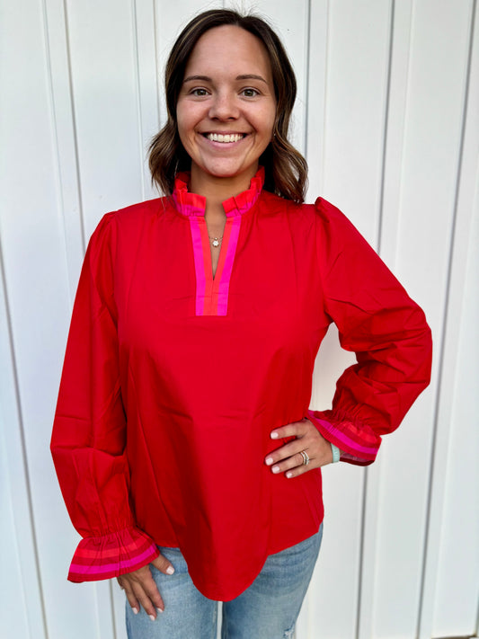 Long Sleeve Ruffle Split Neck Blouse