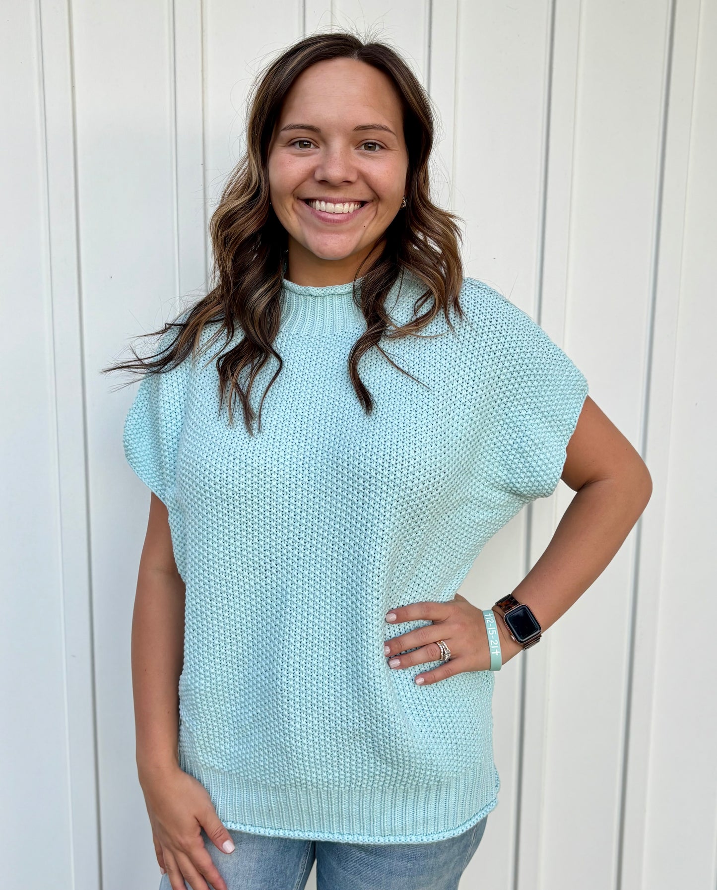 Blue High Neck Short Sleeve Sweater