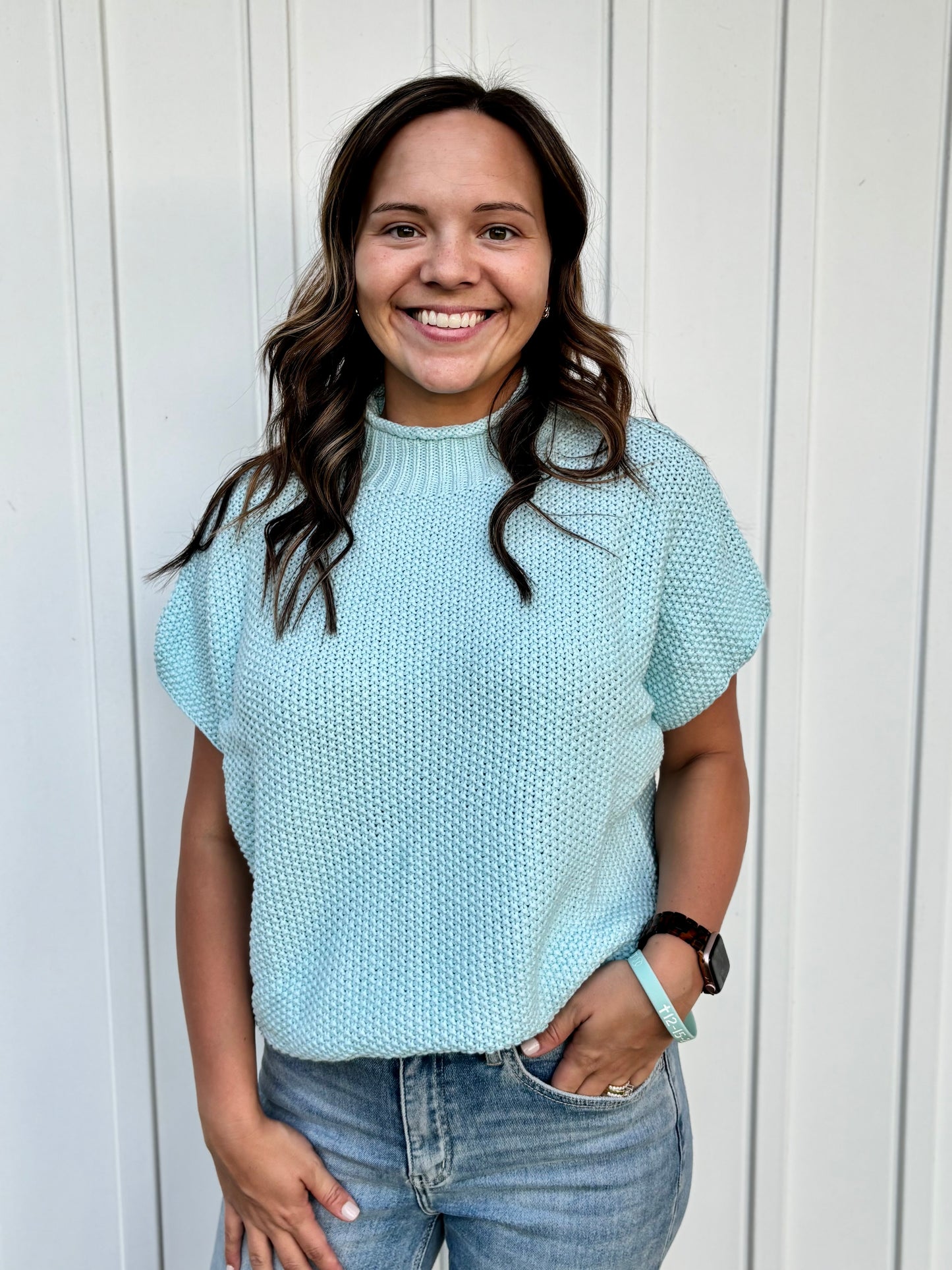 Blue High Neck Short Sleeve Sweater