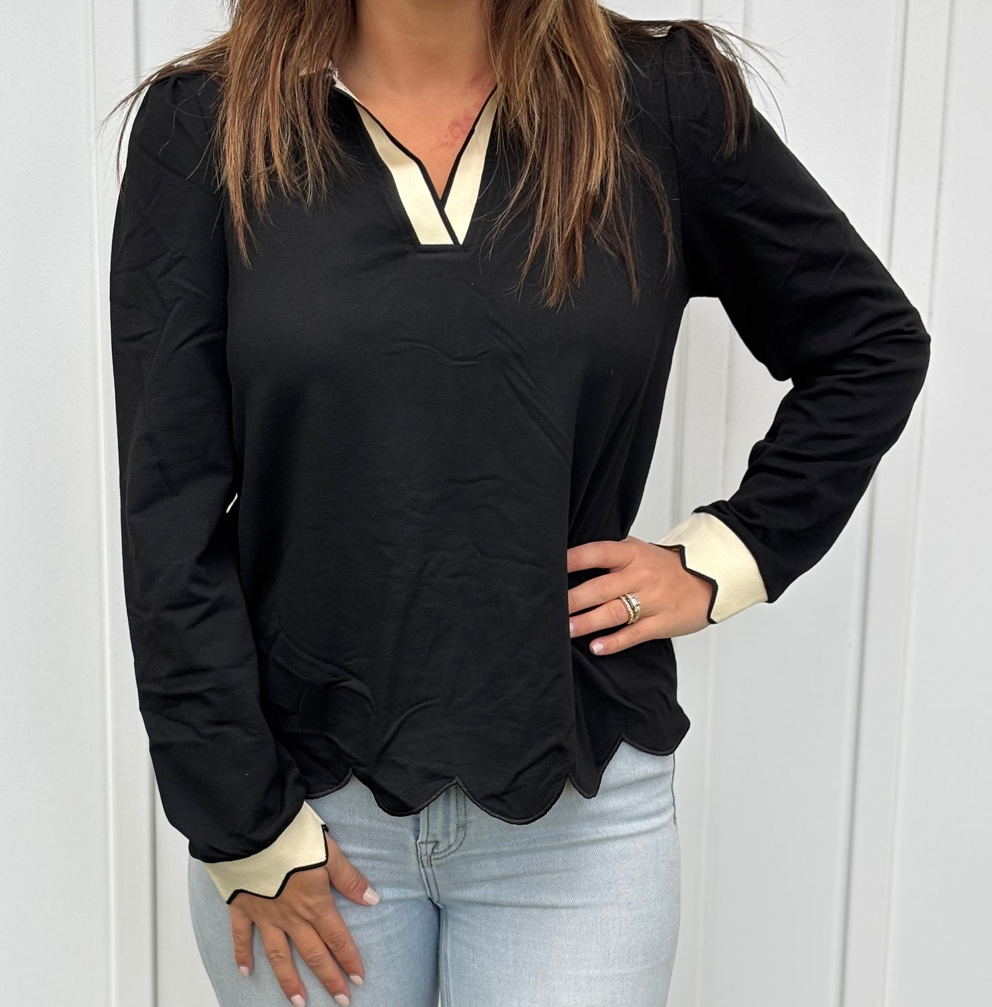 Scallop Trim Collared Long Sleeve Blouse