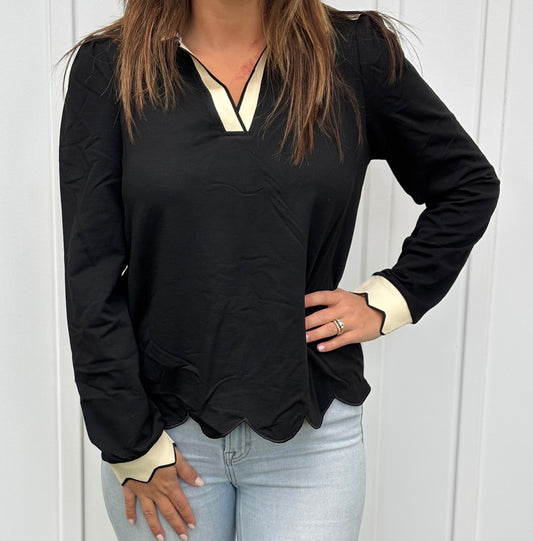 Scallop Trim Collared Long Sleeve Blouse