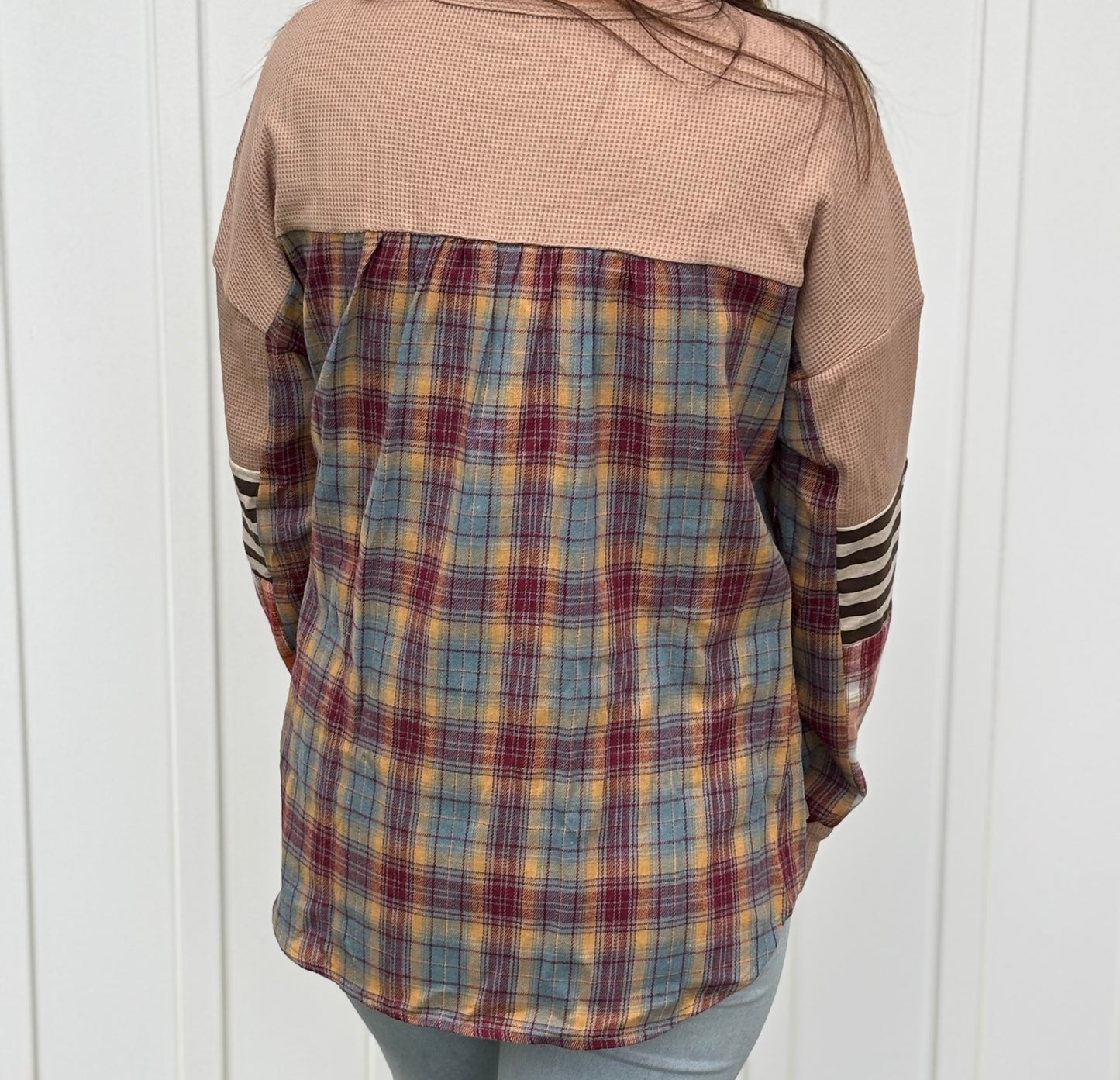 Waffle Stripe Plaid Patch Henley Top