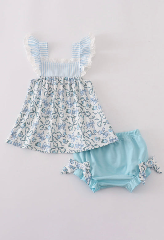 Blue Bow + Lace Print Ruffle Bloomer Set