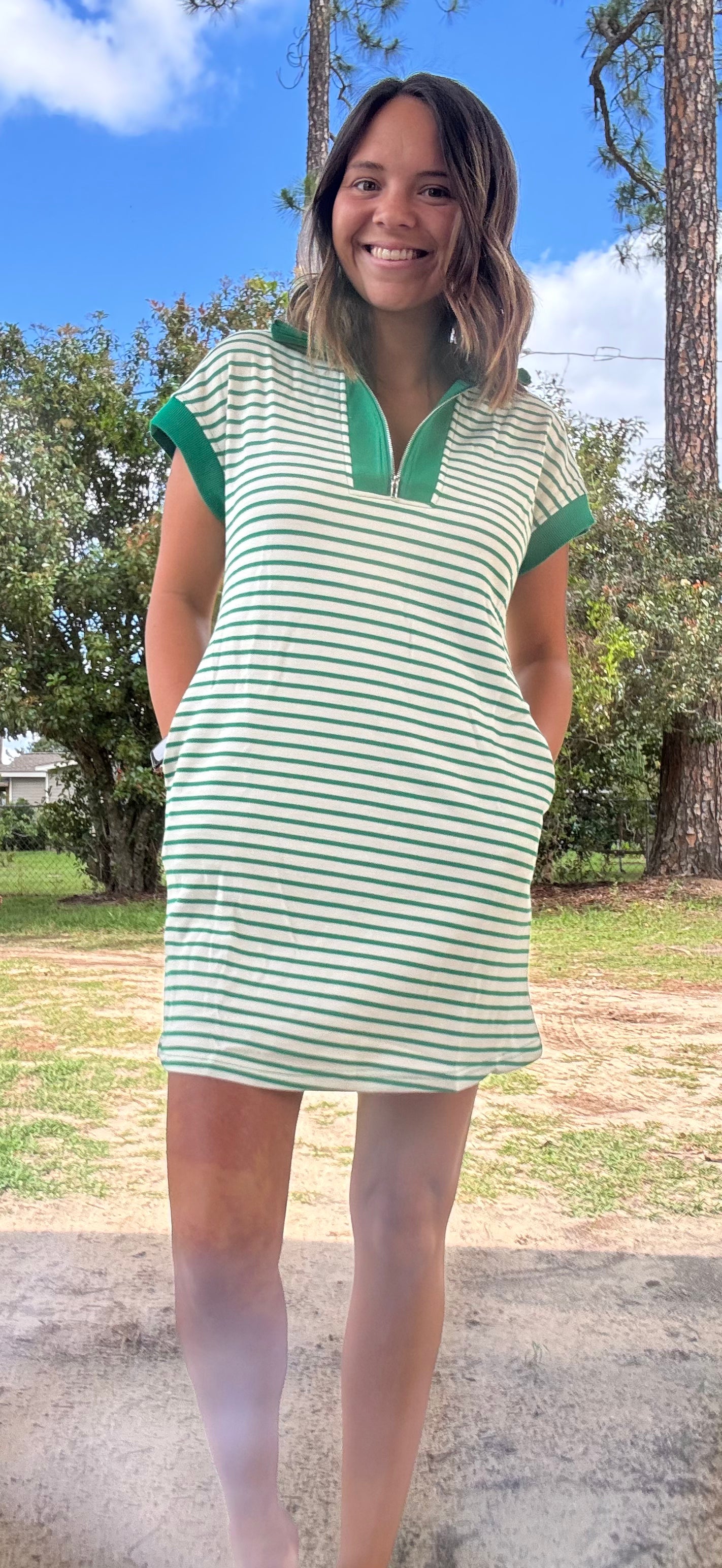 Green Stripe Quarter Zip Dress