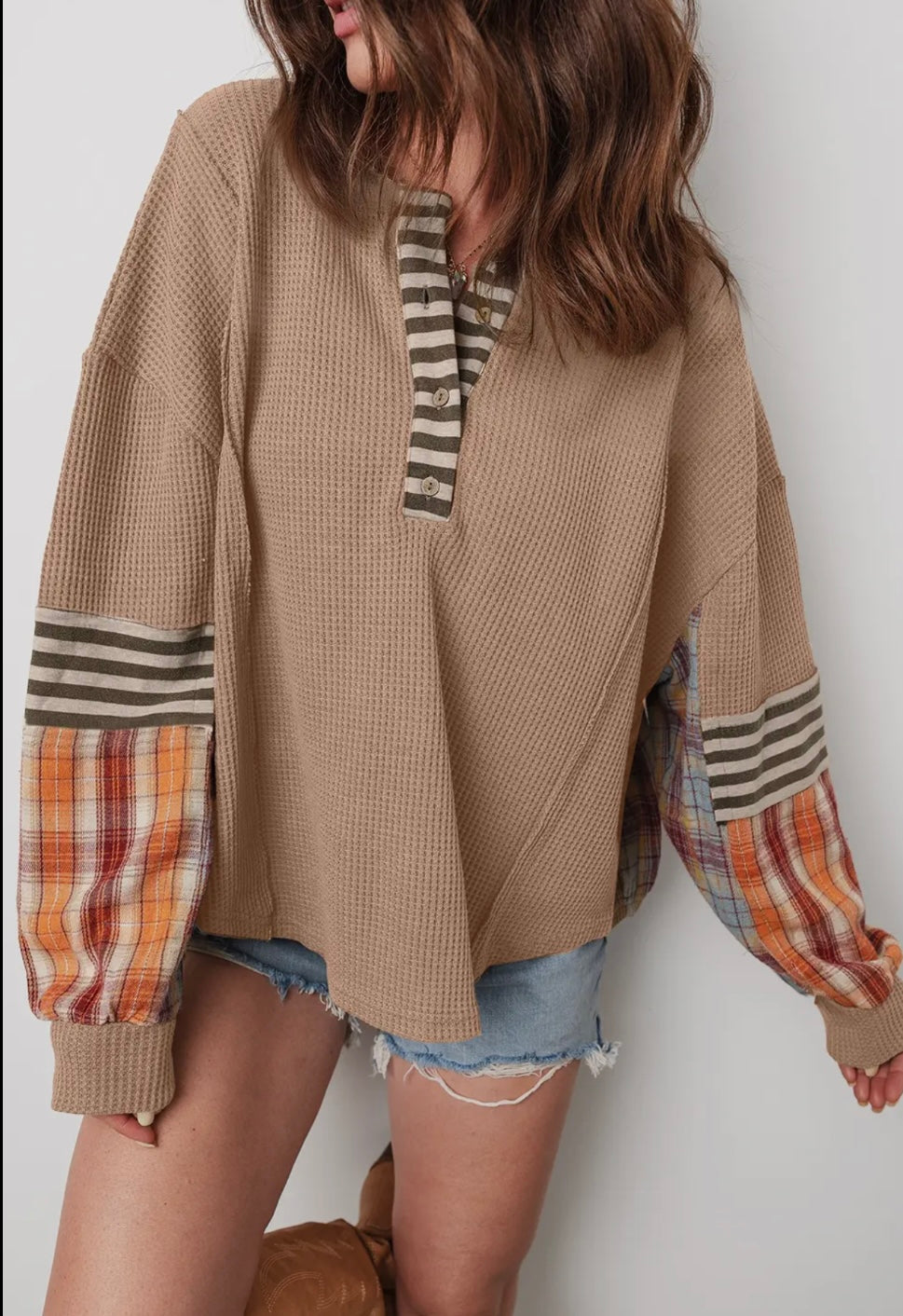 Waffle Stripe Plaid Patch Henley Top