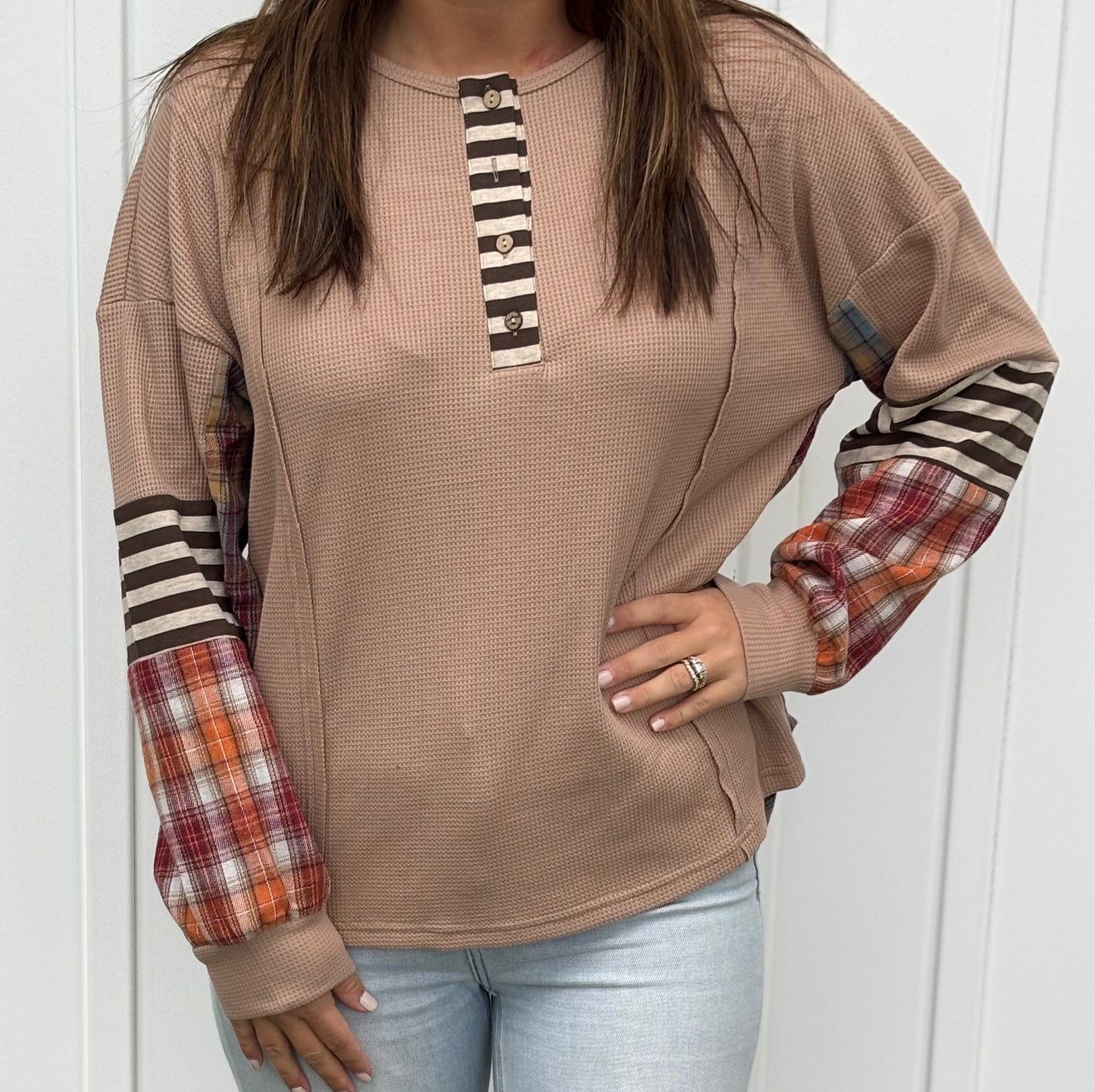 Waffle Stripe Plaid Patch Henley Top
