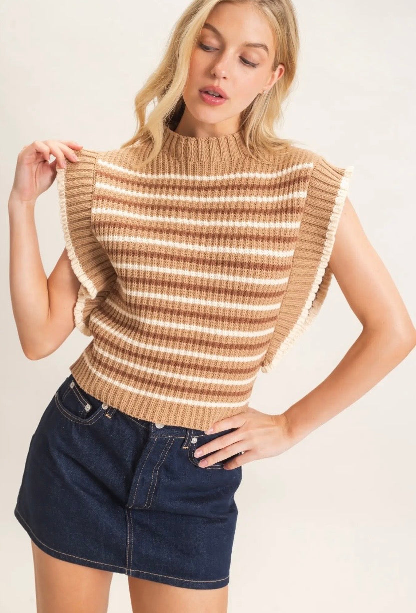 Ribbed Ruffle Sleeve Sweater